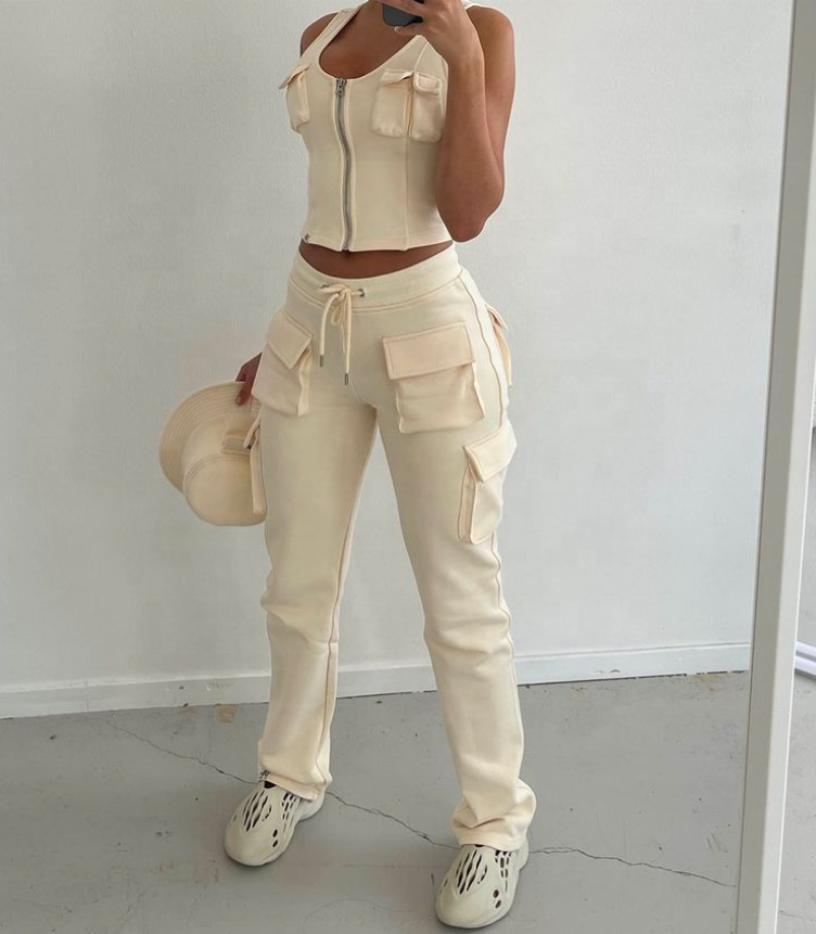 New 2022 Fashion Women's Sets French Terry Zip Up Jacket Sleeveless Cargo 3d Pockets Co Ord Jogger Two Piece Pants Set for Women